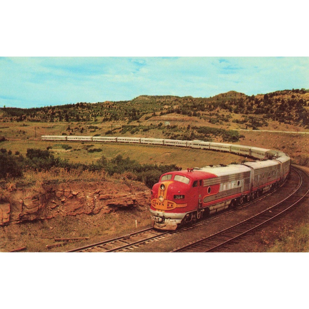 Vintage Santa Fe Railroad Ascending Raton Pass Postcard Fred Harvey Kodachrome